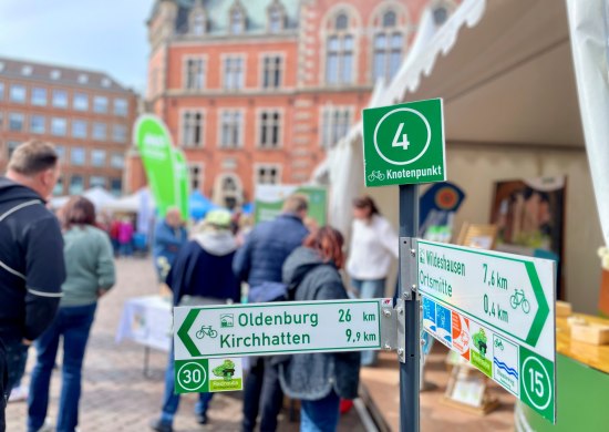 Schilder einer Ausschilderung vom Knotenpunktsystem bei Hallo Fahrrad 2026 auf dem Rathausmarkt in Oldenburg.