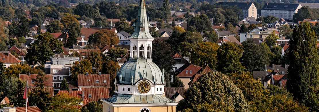 Luftblick mit Turm des Schlosses im Vordergrund.