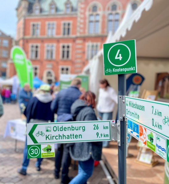 Fahrradschilder Knotenpunktsystem bei Hallo Fahrrad 2026 auf dem Rathausmarkt.