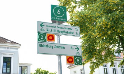 Fahrradwegweiser mit Radwegeausschilderung für den Alltagsradverkehr, Knotenpunkten und der Wegeführung für die Route um Oldenburg. 