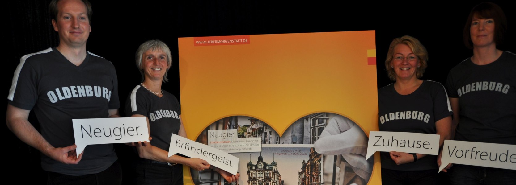 Im Rahmen eines Pressetermin wurde die Markenkampagne zur &Uuml;bermorgenstadt vorgestellt von Kai Gardeja, OTM-Gesch&auml;ftsf&uuml;hrerin Silke Fennemann, Antje B&ouml;se und Bettina Koch.