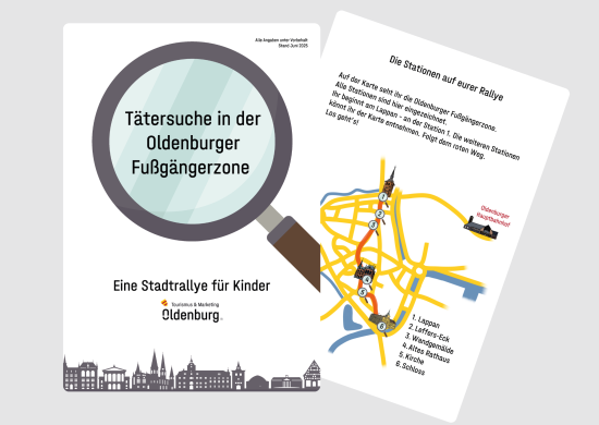 Vorder- und R&uuml;ckseite der Kinderstadtrallye "T&auml;tersuche in der Oldenburger Fu&szlig;g&auml;ngerzone".