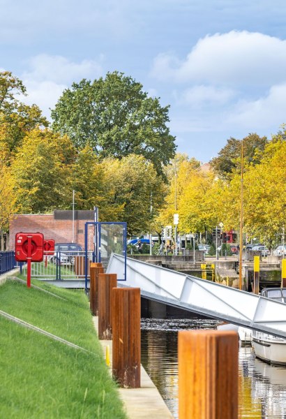 Blick in Richtung Innenstadt mit herbstlich verfärbten Baumkronen am Hafen. 