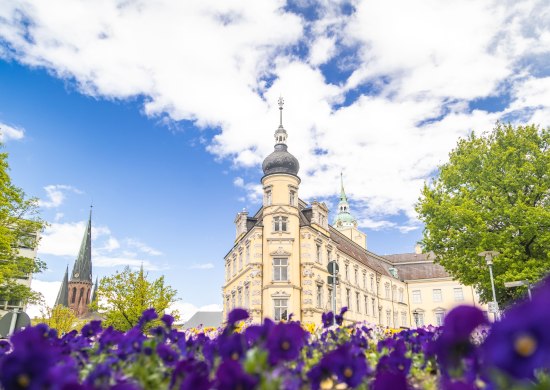 Oldenburger Schloss und St. Lamberti-Kirche mit Blumen im Vordergrund.