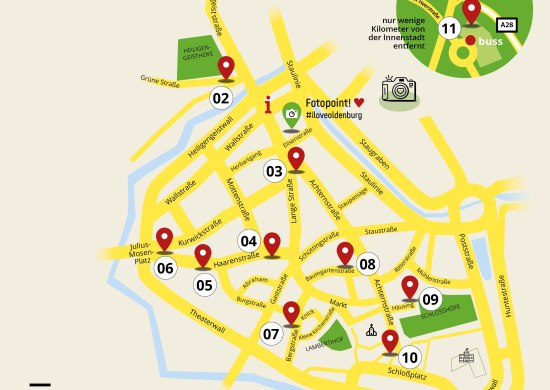 Ausschnitt eines Stadtplanes mit den Standorten der Stadtgärten 2025.